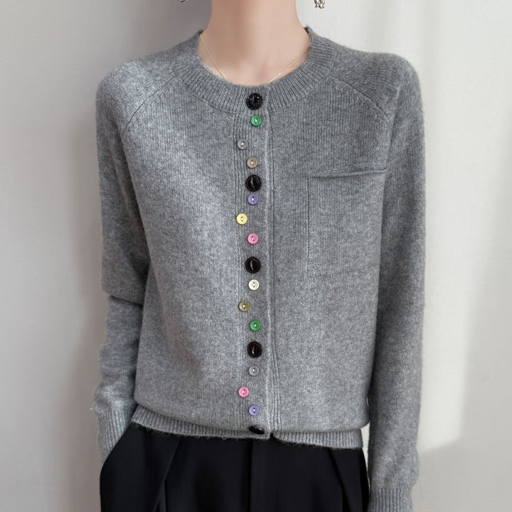 Damen Modischer Strickcardigan mit bunten Knöpfen Drune
