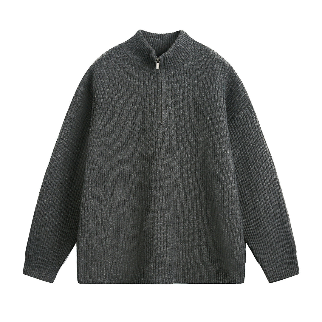 Unisex Oversize Grobstrickpullover mit Halbreißverschluss und Stehkragen Drune