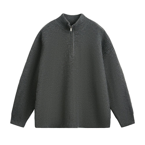 Unisex Oversize Grobstrickpullover mit Halbreißverschluss und Stehkragen Drune