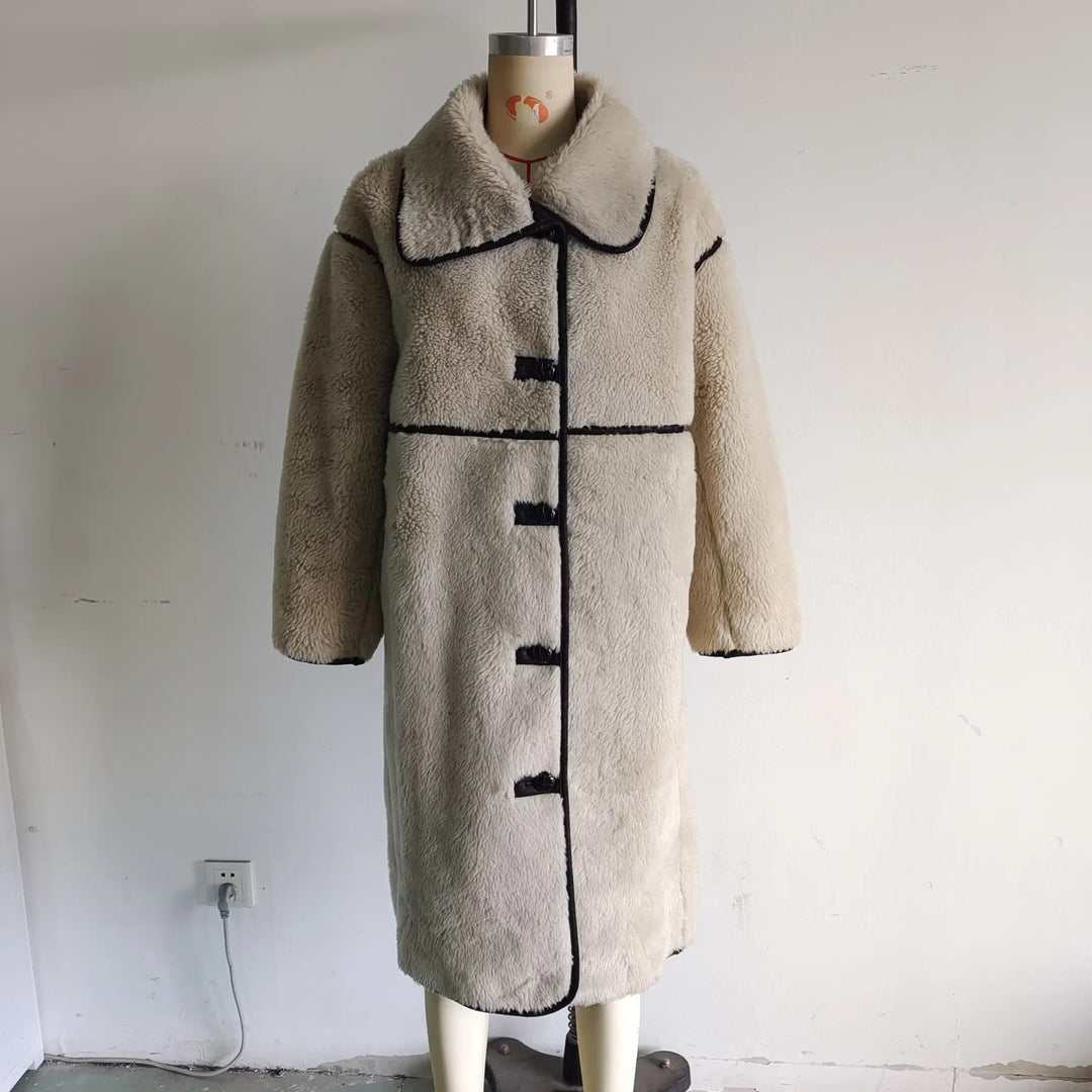 Damen nan langer Teddy-Mantel mit Knebelverschlüssen, kontrastierender Paspelierung und voluminösem Oversize-Kragen Drune