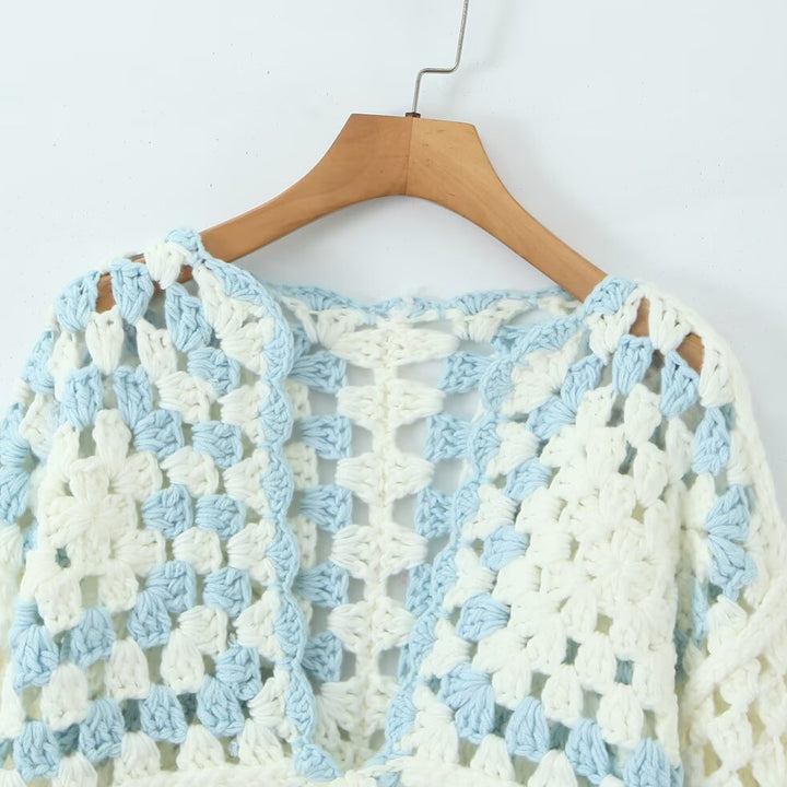 Damen Gehäkelte Granny‑Square Cardigan mit weitem Ärmel und Bindegürtel Drune