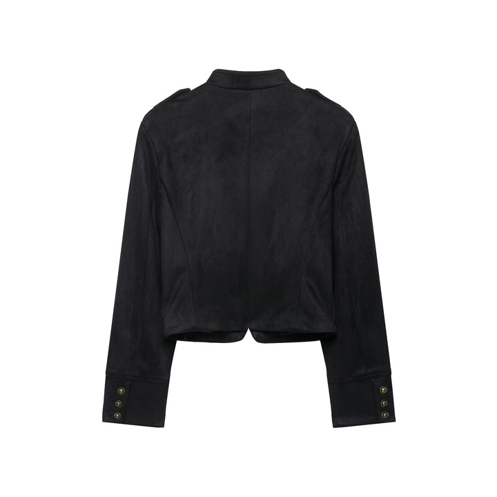 Damen Kurze Veloursjacke im Budapester‑Militärstil mit Stehkragen und dekorativen Metallknöpfen Drune