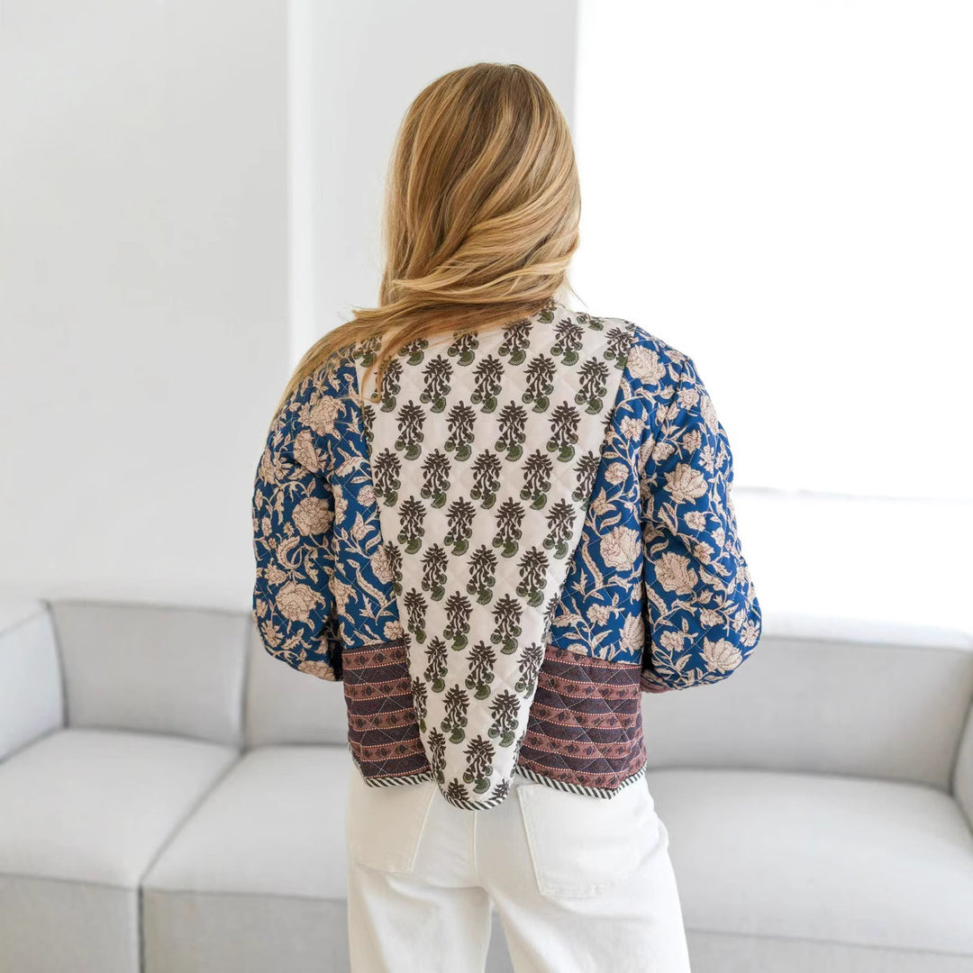 Damen Gesteppte Kurzjacke im Boho‑Patchwork‑Stil mit offenem Vorderteil Drune