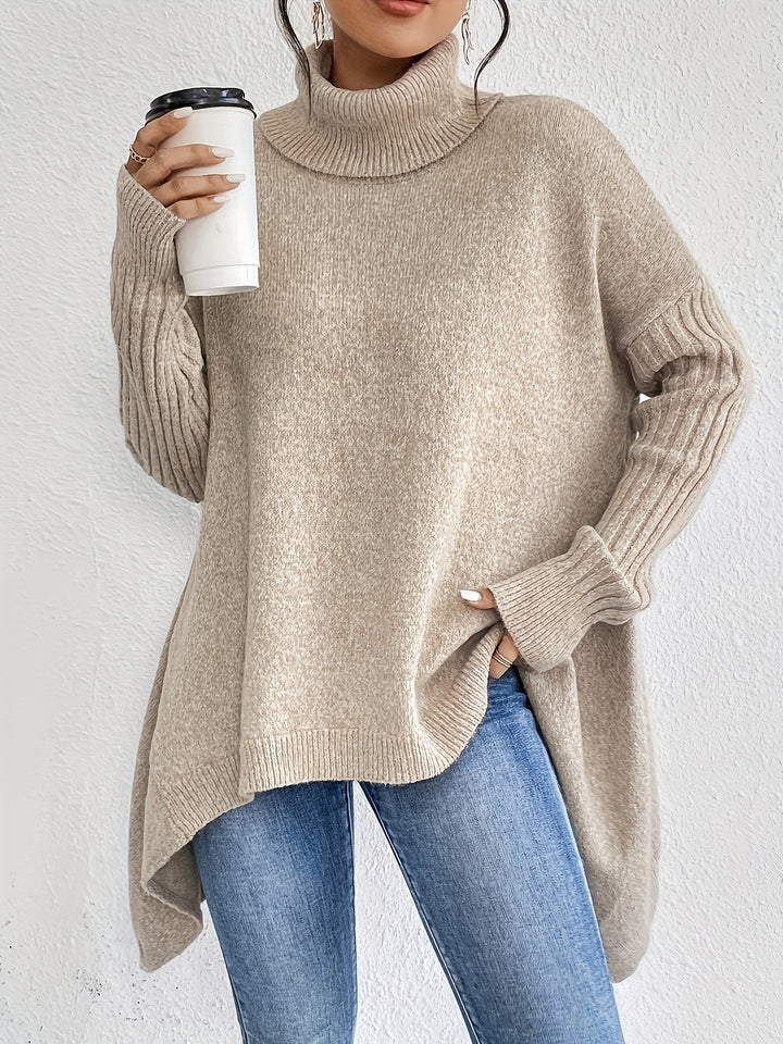 Damen nan Oversize Strickpullover mit hohem Rollkragen, gerippten Ärmeln und asymmetrischem Saum Drune