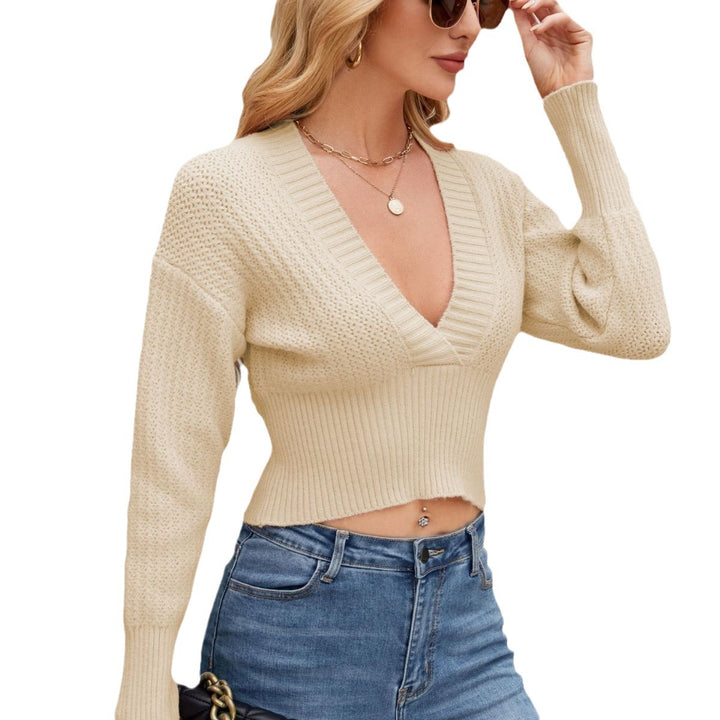 Damen modischer cropped Strickpullover mit tiefem V-Ausschnitt und weiten Ärmel Drune