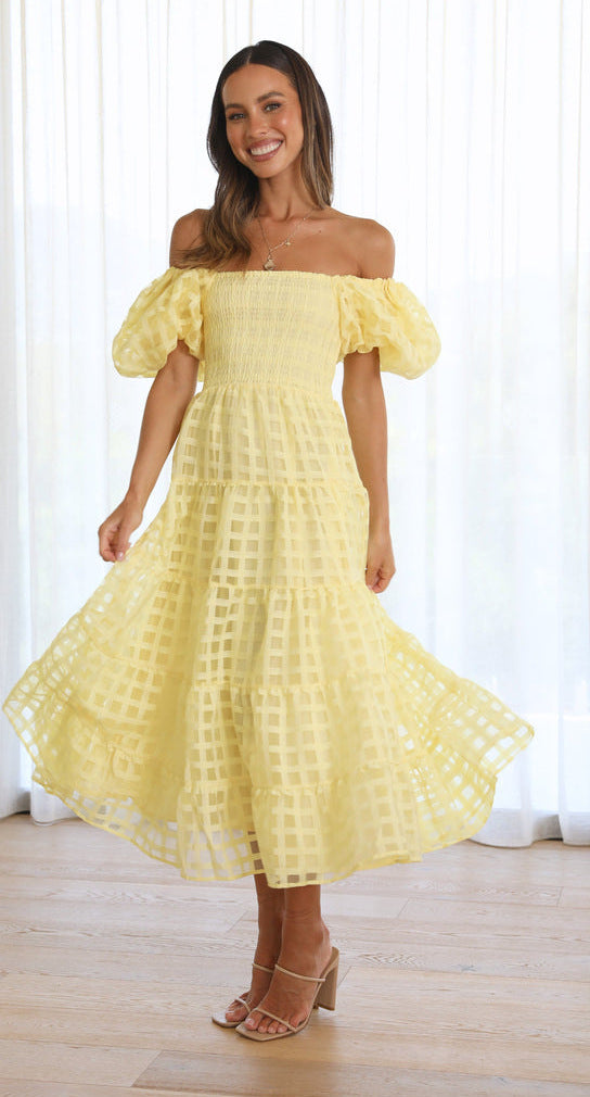 Damen Maxikleid mit luftigen Puffärmeln und gerafftem Oberteil Drune