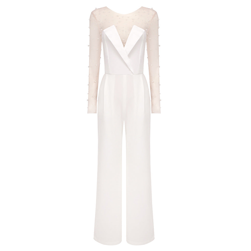 Damen eleganter Jumpsuit mit transparenten Ärmeln und Perlenverzierung Drune