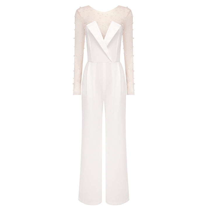 Damen eleganter Jumpsuit mit transparenten Ärmeln und Perlenverzierung Drune