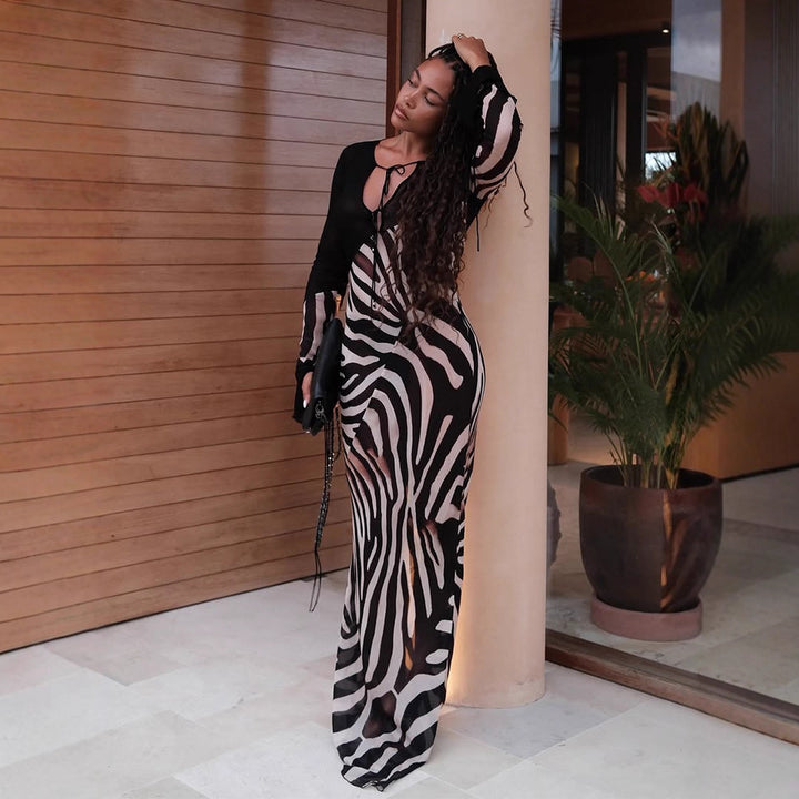 Damen figurbetontes Mesh‑Maxikleid mit tiefem V‑Ausschnitt & grafischem Zebra‑Print Drune