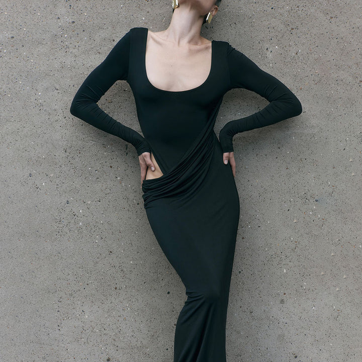 Damen figurbetontes Maxikleid mit innovativem Drapierungselement Drune