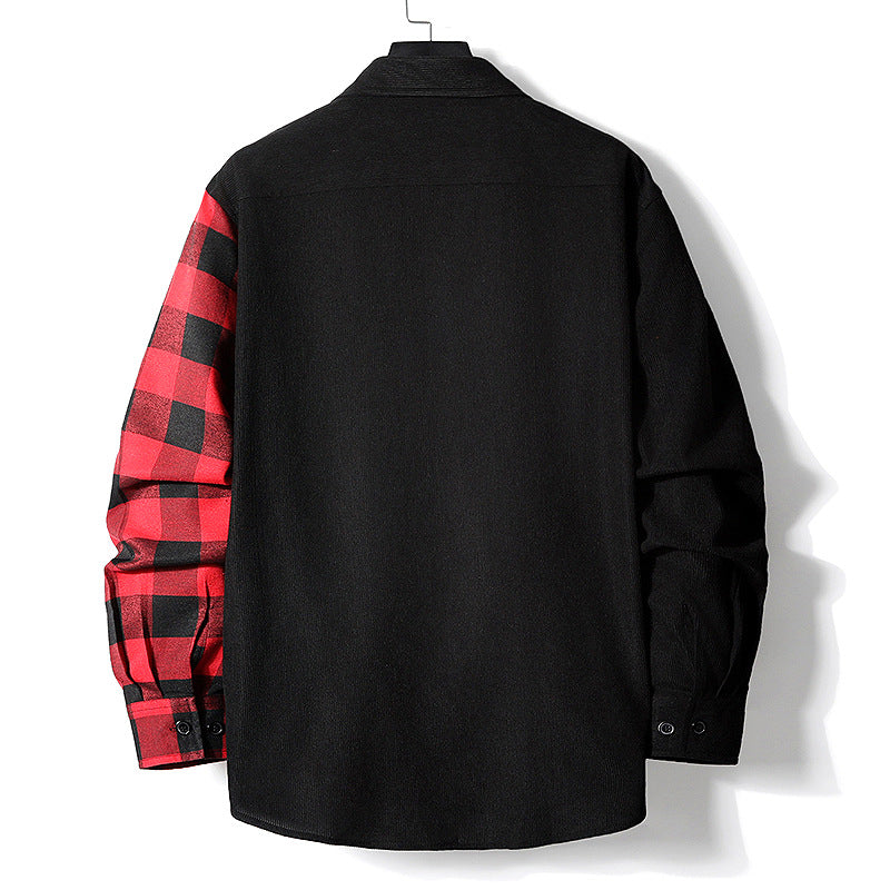 Herren Halbgespaltenes Overshirt im Lumberjack-Karo mit kontrastierender Uni‑Seite, Brusttasche und durchgehender Knopfleiste Drune