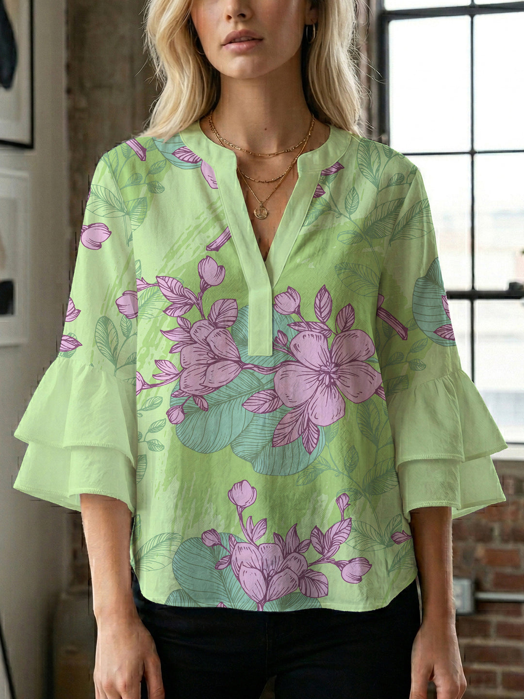 Damen Bluse mit voluminösen Ärmeln und floralem Design Drune