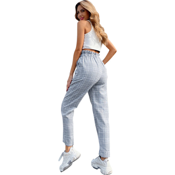 Damen elegante Karohose mit hohem Bund und seitlichen Knopfdetails Drune