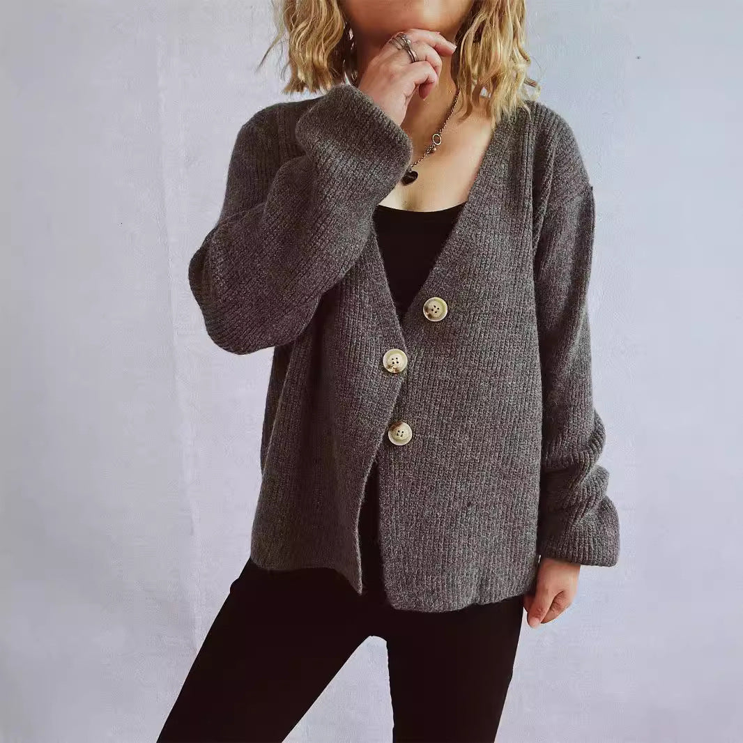 Damen gemütliche Strickjacke mit großen Knöpfen und strukturiertem Design Drune