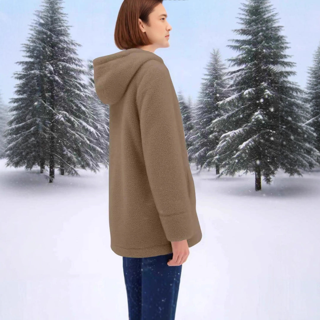 Damen Teddy-Fleece-Mantel mit Kapuze, durchgehendem Reißverschluss und aufgesetzten Taschen Drune