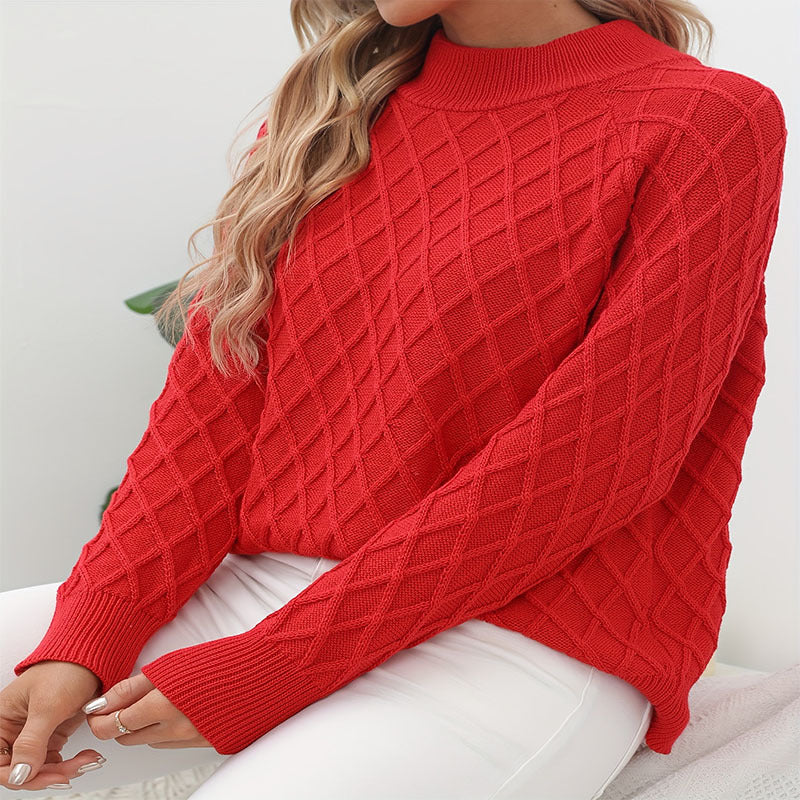 Damen Grobstrickpullover mit trendigem Rautenmuster und hohem Kragen Drune