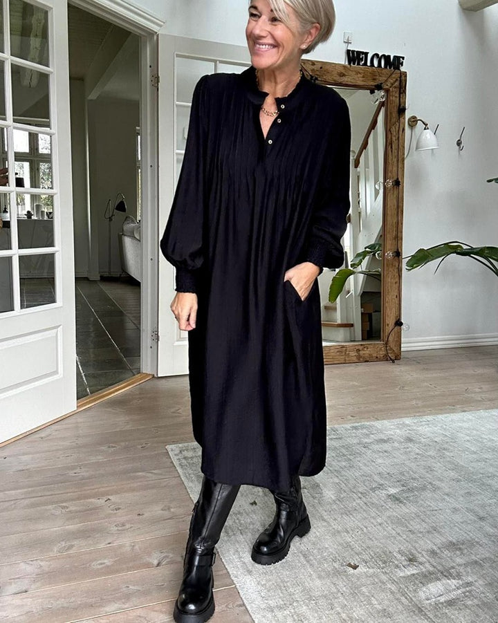 Damen nan lockeres Midikleid mit feiner Plissee-Optik, Stehkragen, kurzer Knopfleiste, gesmokten Manschetten und Eingrifftaschen Drune
