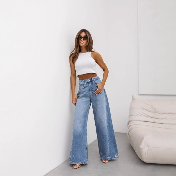 Damen weite High-Waist Jeans mit Distressed-Details Drune