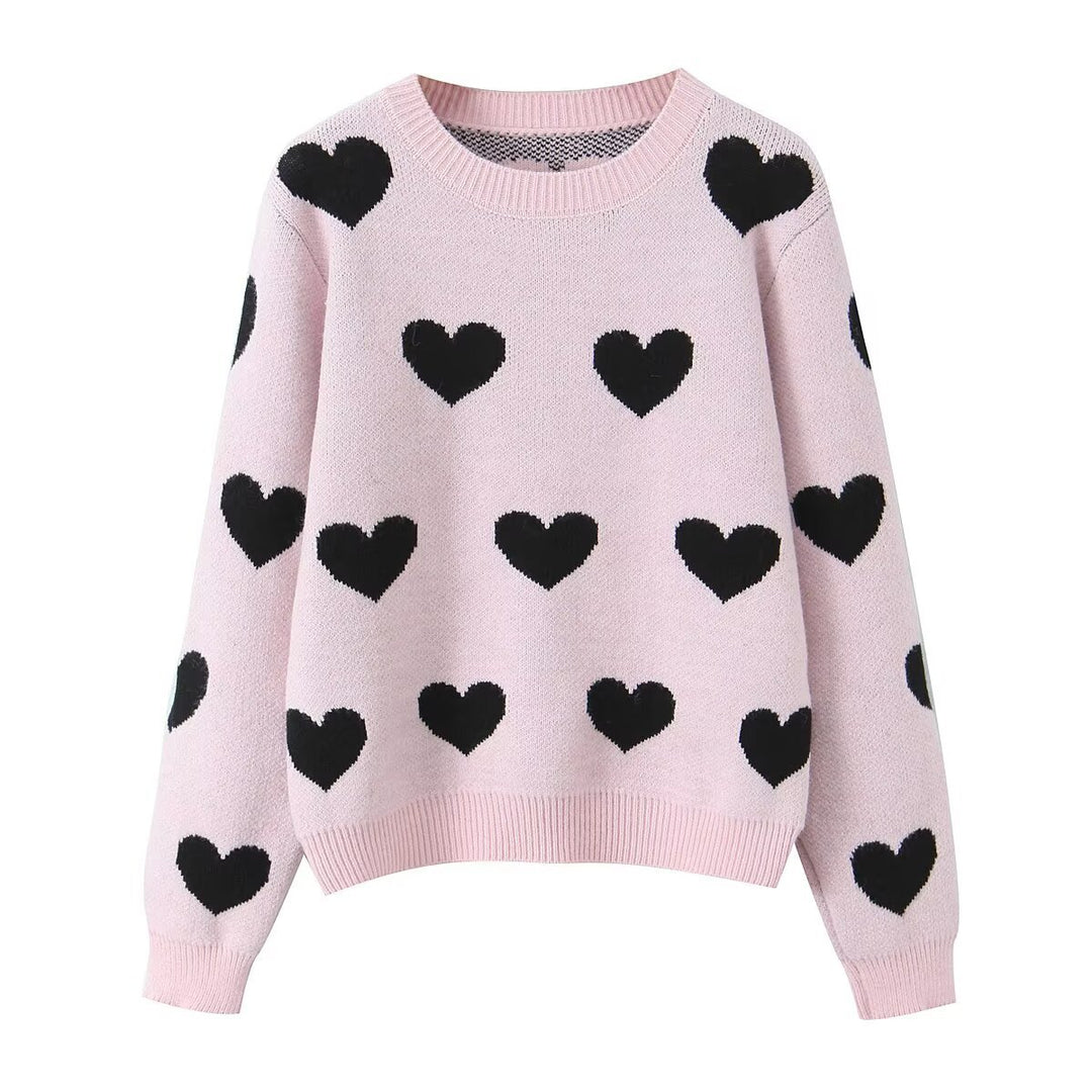 Damen Gemusterter Oversize Strickpullover mit Herzjacquard und Rundhalsausschnitt Drune