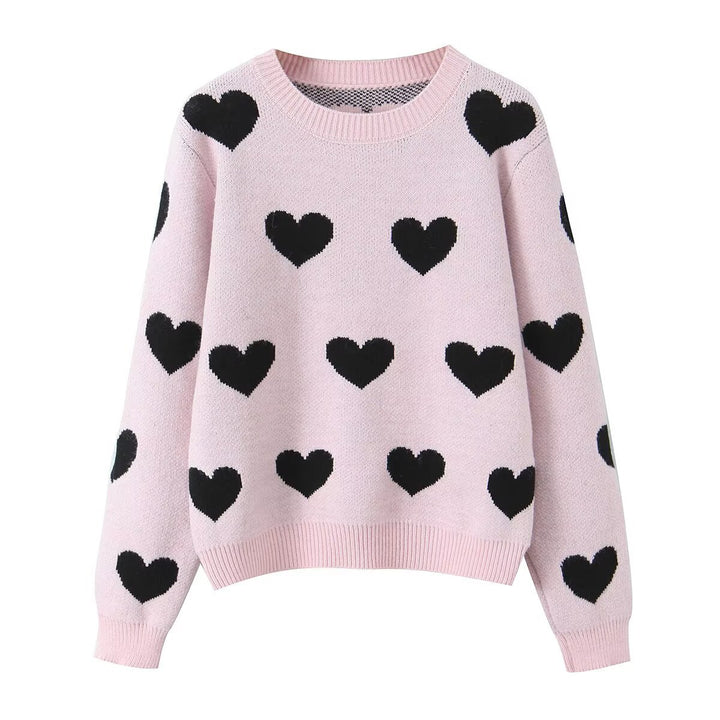 Damen Gemusterter Oversize Strickpullover mit Herzjacquard und Rundhalsausschnitt Drune