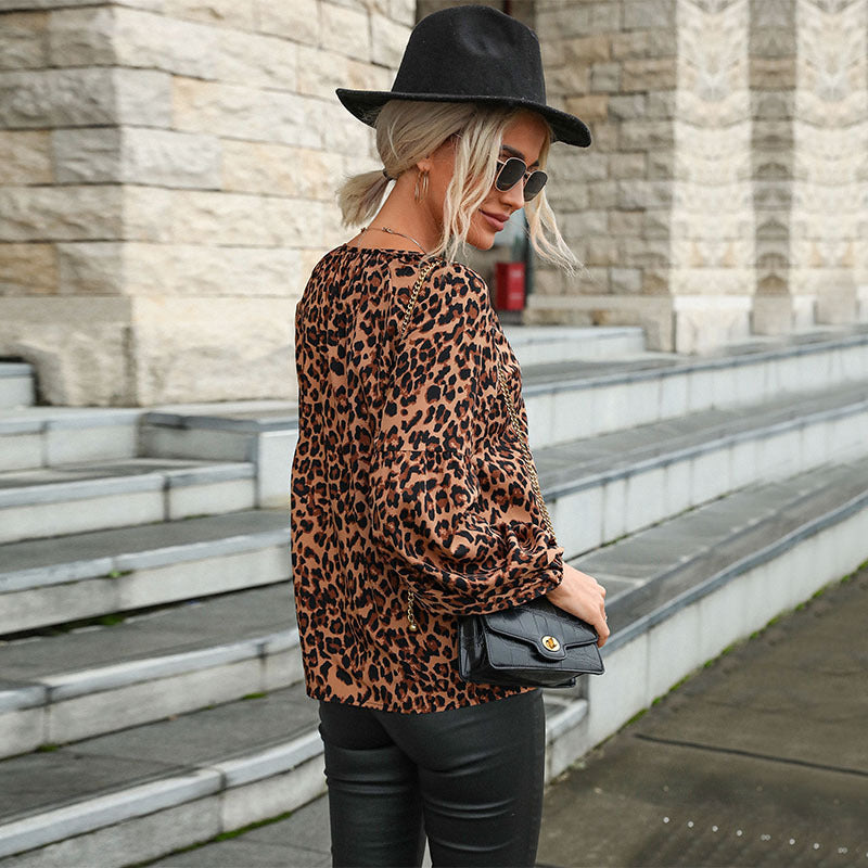 Damen Bluse mit einzigartigem Leopardenmuster und voluminösen Ärmeln Drune