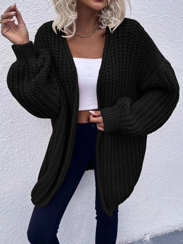 Damen lässiger Grobstrick-Cardigan mit tiefen Taschen und voluminösen Ärmeln Drune