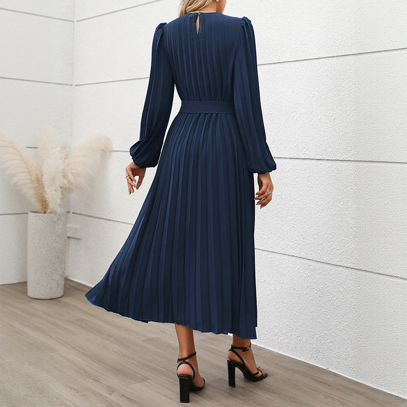 Damen Elegantes Faltenmaxikleid mit Taillengürtel Drune