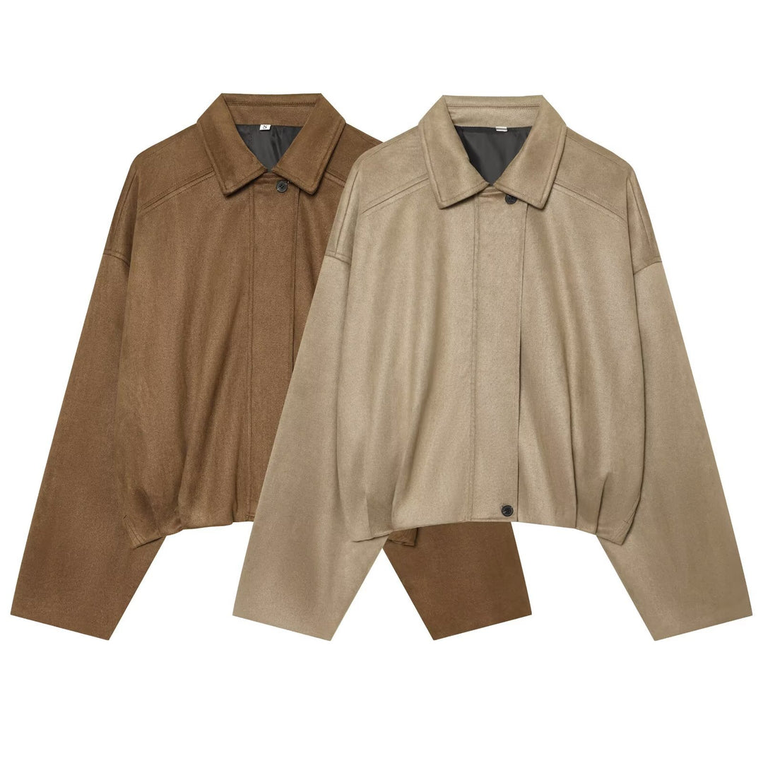 Damen Kurzgeschnittene Oversize Cape-Jacke mit Hemdkragen und verdeckter Knopfleiste Drune