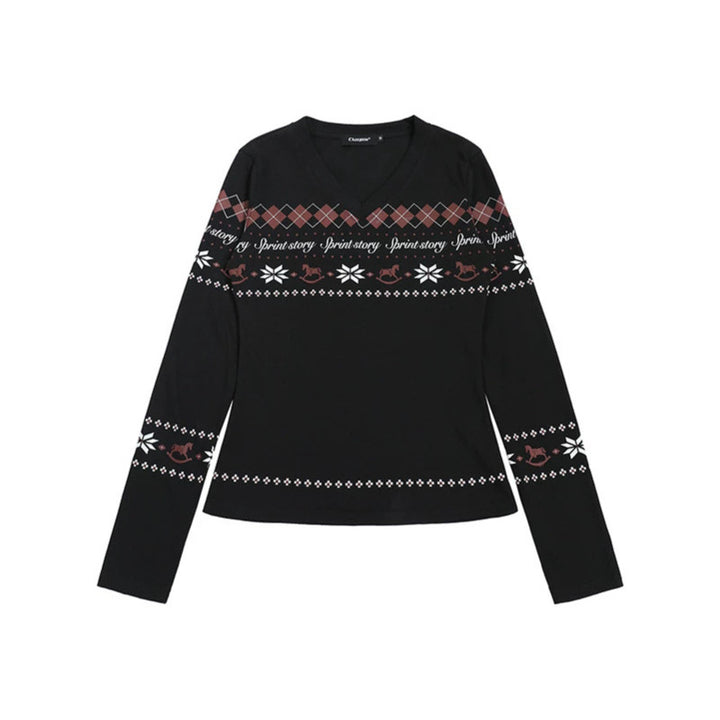 Damen Langarmshirt mit V-Ausschnitt und skandinavischem Norwegerprint aus Baumwollmix Drune