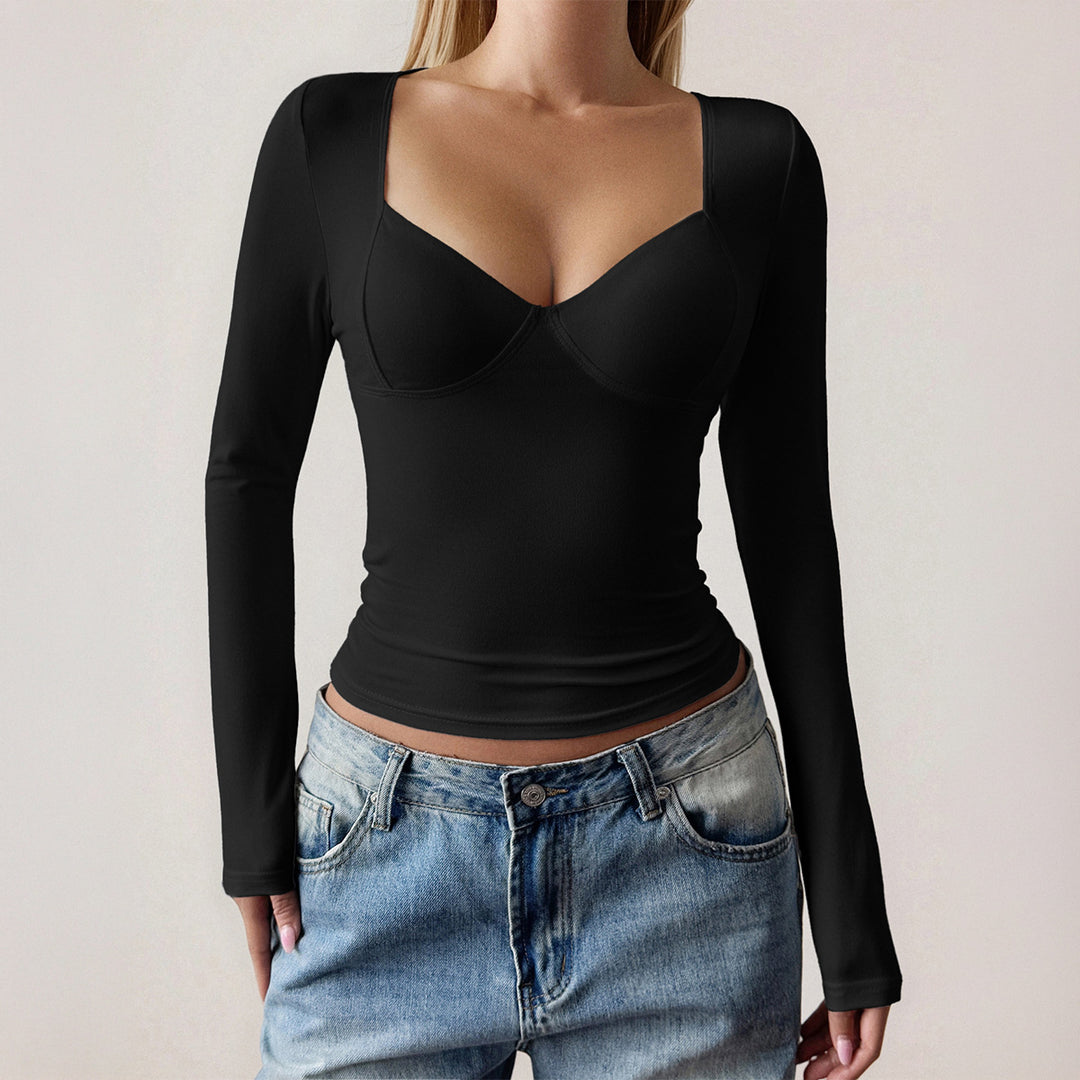 Damen nan figurbetontes Langarm-Top mit integrierten Bügelcups, quadratischem Ausschnitt und Sculpting-Effekt Drune