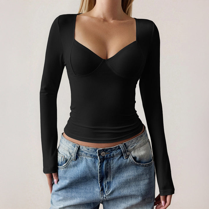Damen nan figurbetontes Langarm-Top mit integrierten Bügelcups, quadratischem Ausschnitt und Sculpting-Effekt Drune