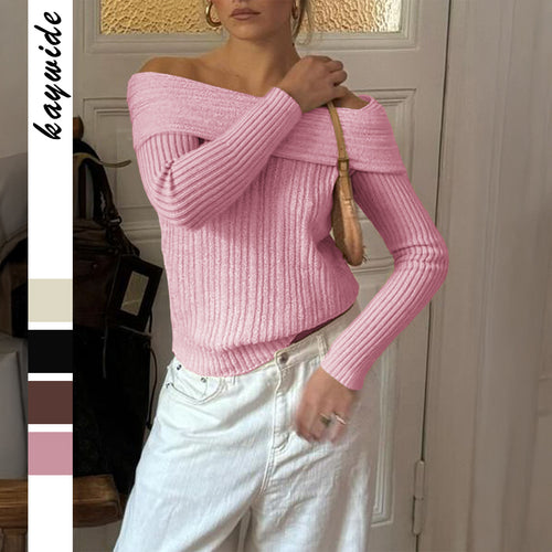 Damen nan Off-Shoulder Rippstrickpullover mit schmaler Silhouette und gerolltem Ausschnitt Drune