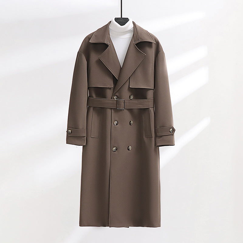 Herren Langer Doppelreihiger Trenchcoat mit Taillengürtel und Oversize‑Schalkragen Drune