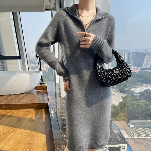 Damen elegantes Strickkleid mit hochgeschlossenem Kragen und Reißverschluss Drune