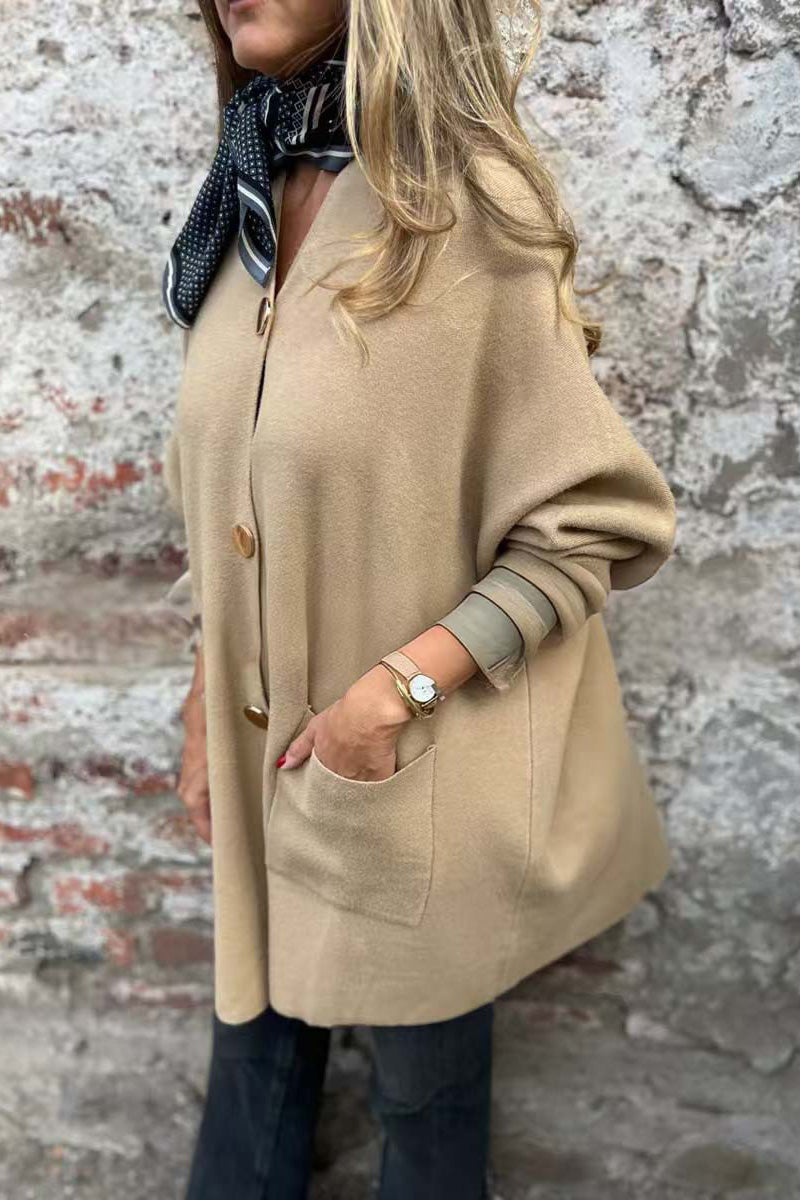 Drune | Lange Unifarbene Einreihige V-Ausschnitt Strickjacke Jacke