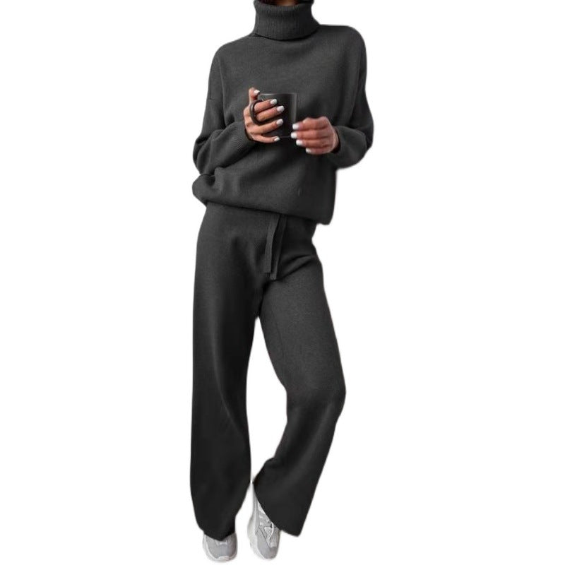Damen kuscheliges Strick-Loungewear-Set mit weiten Hosen und elegantem Rundhalsausschnitt Drune