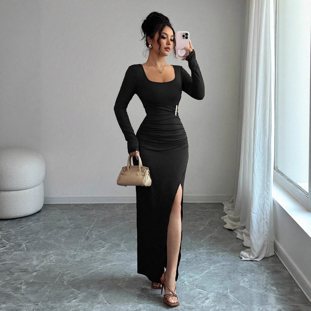 Damen nan körpernahes Maxikleid mit Quadratausschnitt, taillierter Raffung und hohem Seitenschlitz Drune