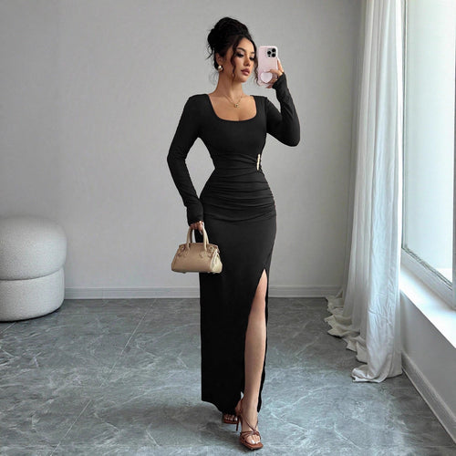 Damen nan körpernahes Maxikleid mit Quadratausschnitt, taillierter Raffung und hohem Seitenschlitz Drune