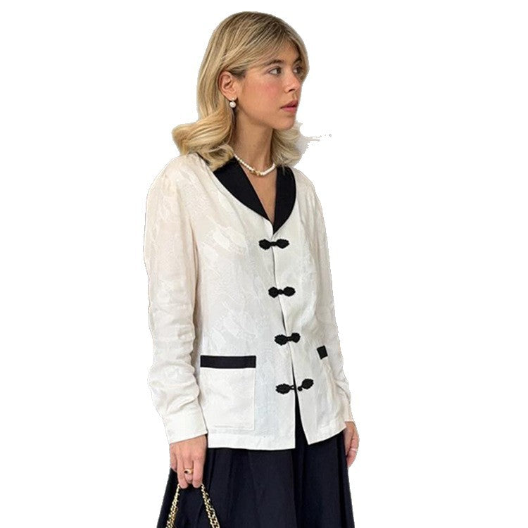 Damen Taillierte Jacquard-Jacke mit Kontrastkragen und Knotenverschlüssen Drune