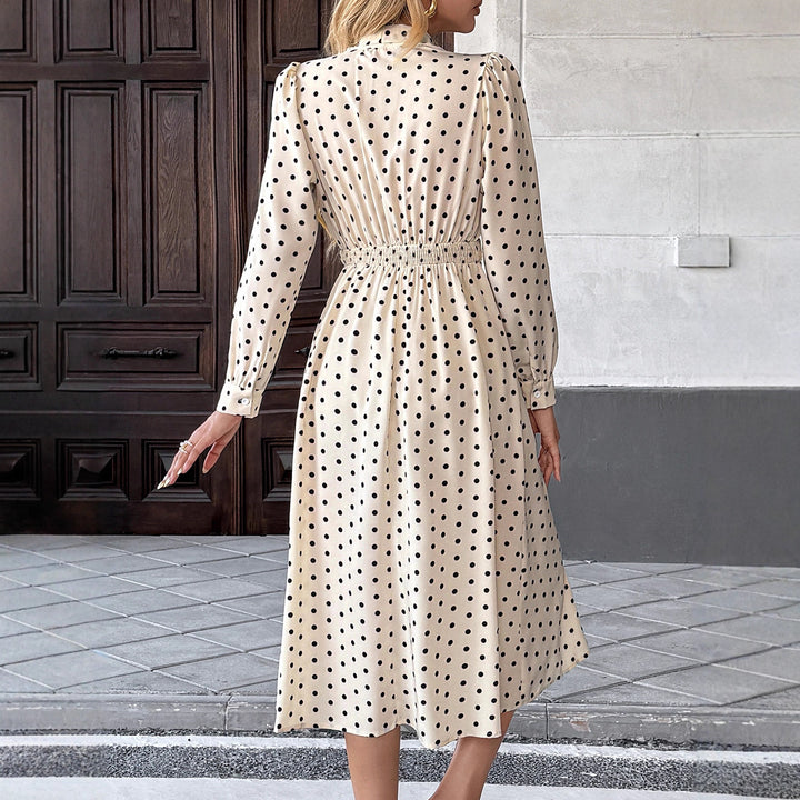 Damen Midi Kleid mit Schleifenkragen und Punkten Drune