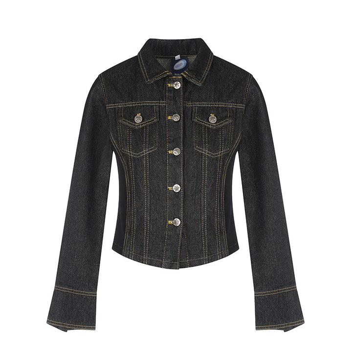 Damen taillierte Cropped-Jeansjacke mit Formnähten, Brustpatten und Schmuckknöpfen Drune