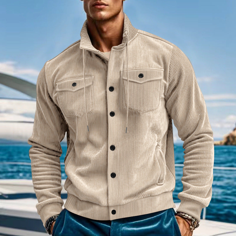 Herren nan lässige fein gerippte Cordjacke mit Stehkragen, Brusttaschen und elastischem Saum Drune