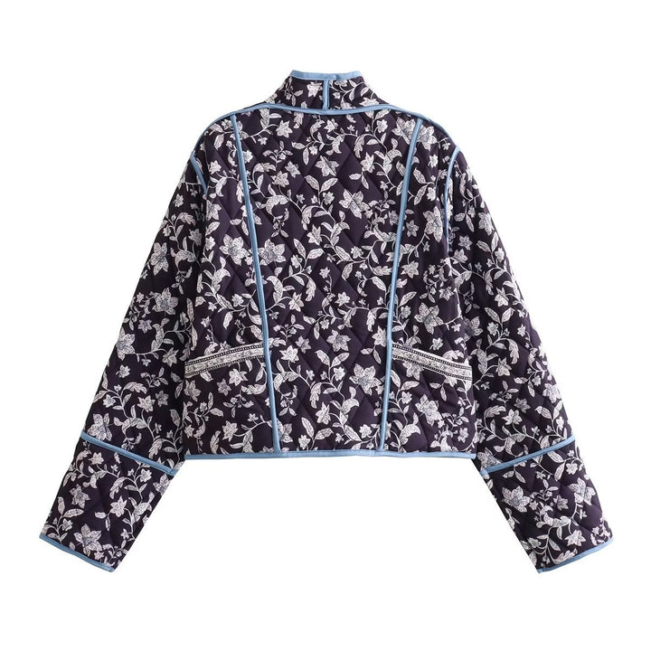 Damen Gestepptes Cropped-Steppjacke mit floralem Allovermuster und kontrastierender Paspelierung Drune