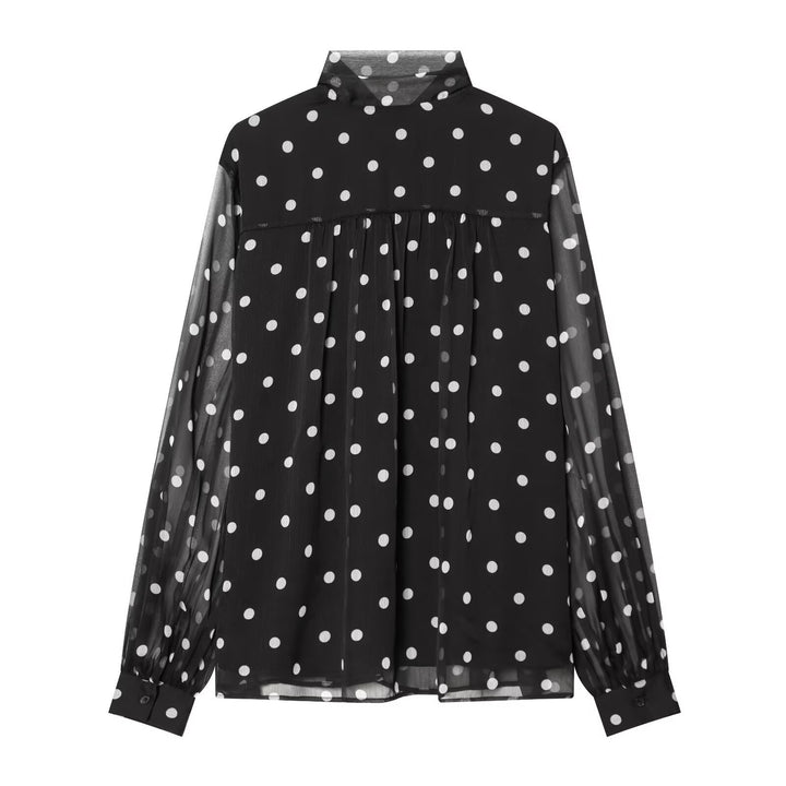 Damen Chiffonbluse mit Polka-Dot, Schleifenbindekragen und transparenten Ballonärmeln Drune