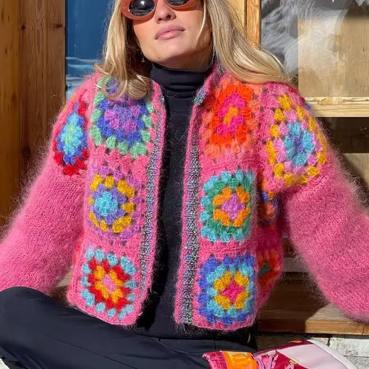 Damen Strickjacke mit buntem Granny-Quadrat-Design und luftigen Ärmeln Drune