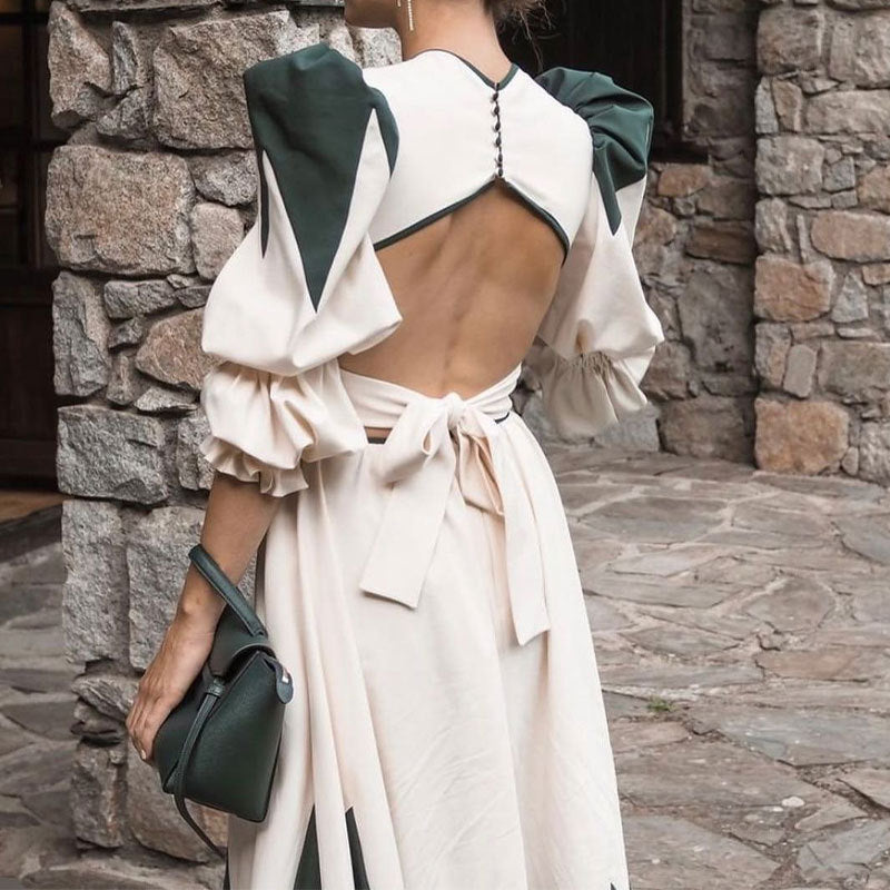Damen Maxikleid mit ballettartigen Puffärmeln und V-Ausschnitt Drune
