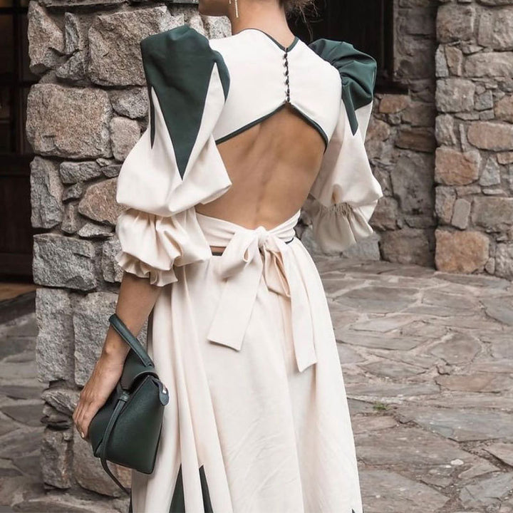 Damen Maxikleid mit ballettartigen Puffärmeln und V-Ausschnitt Drune