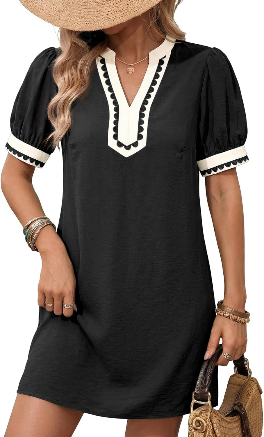 Damen Lockeres A-Linien Minikleid mit Puffärmeln, V‑Notch und kontrastierter Zierborte Drune