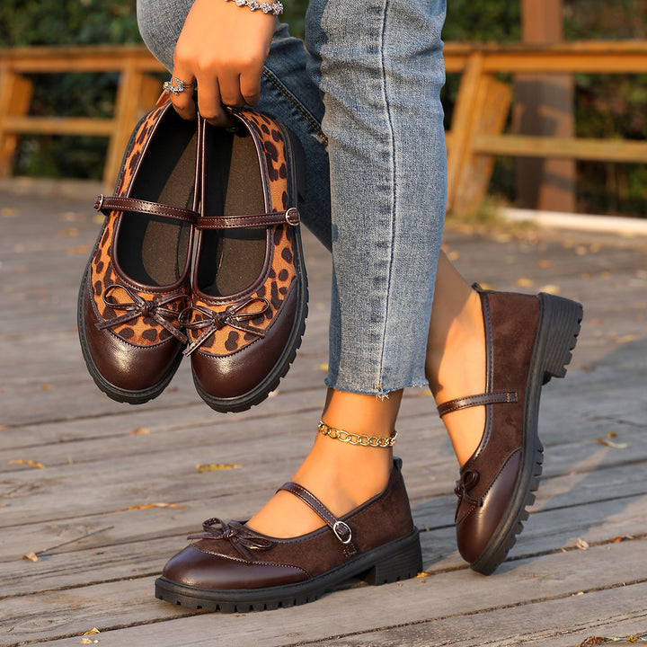 Damen nan Vintage-inspirierte Mary-Jane Ballerinas mit Leopardenvelours, Zierschleife und profilierter Gummisohle Drune