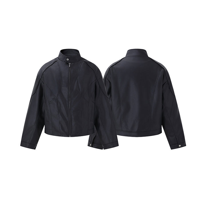 Herren Kurzboxy Mock‑Lederjacke mit geometrischer Nahtführung Drune